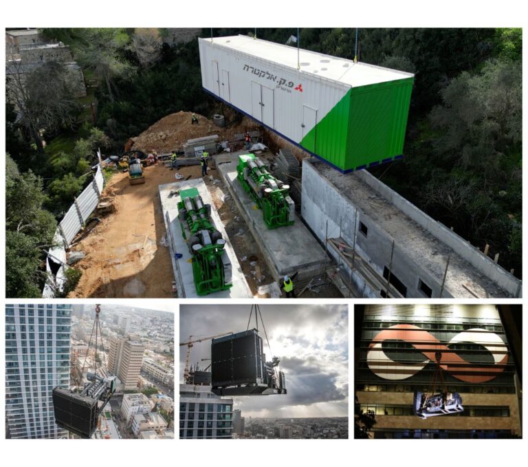 אתר בנייה עם הנפת יחידת מכולה על ידי מנוף בעיר ובאזור מיוער, צילומים מבחוץ ובגובה.
